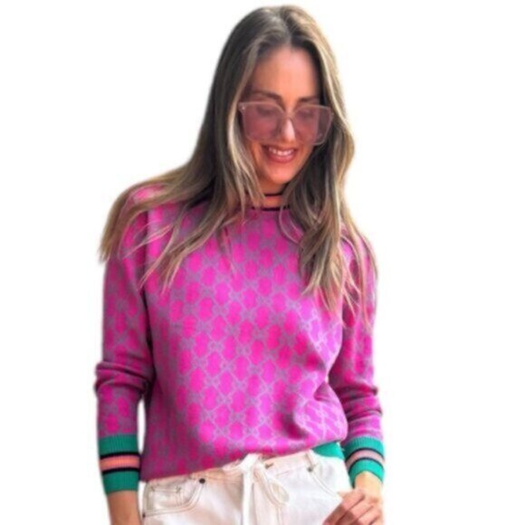 Vibrant Pink Geometric Pattern Sweater with Green Accents and Striped Trim - Picture 11 of 11